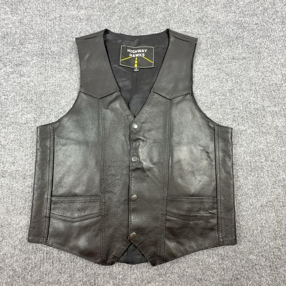 Highway Hawks Vest Mens Small Black Leather Snap Front Biker Motorcycle